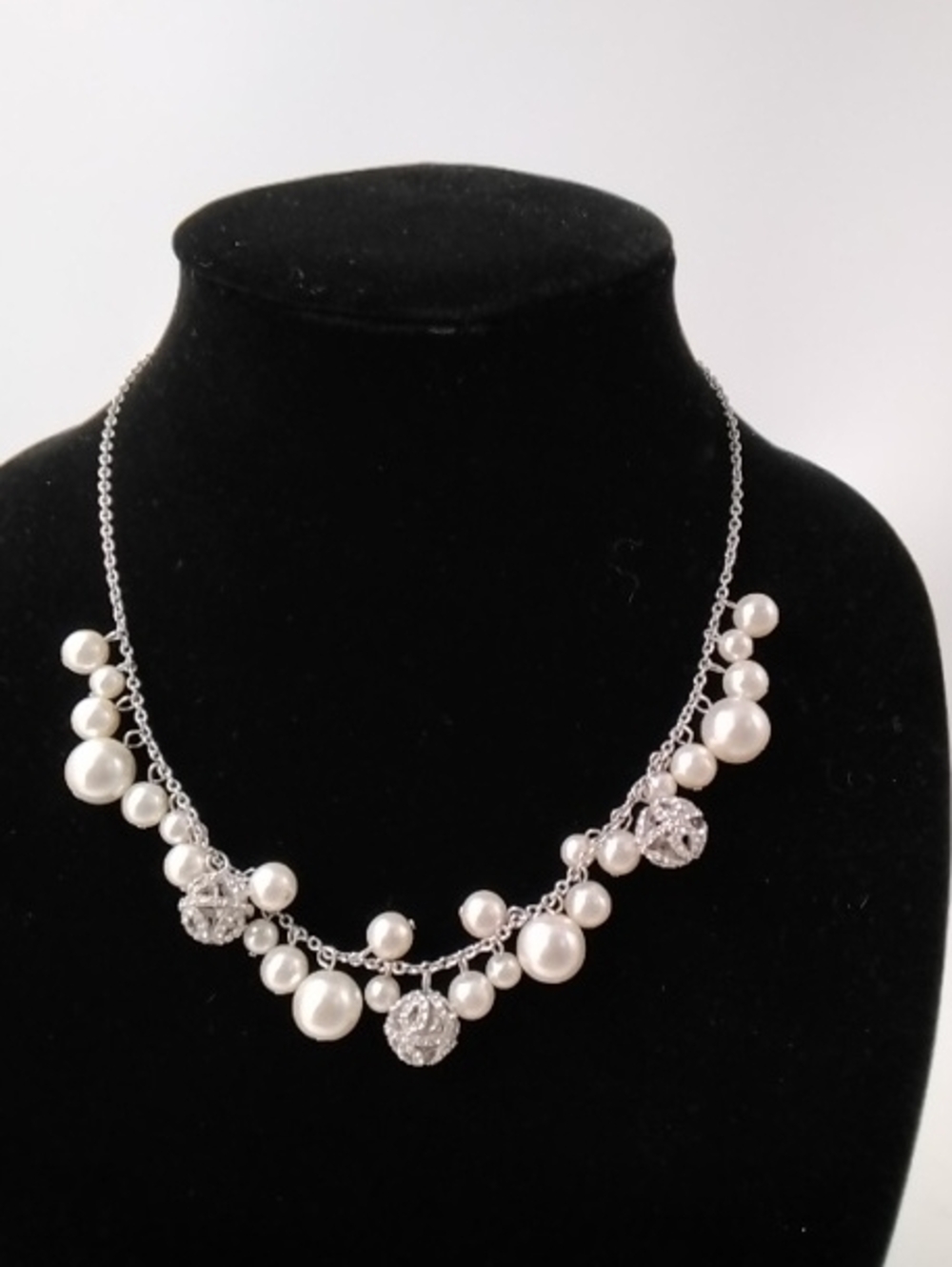 Chaps Pearl and Crystal-Encrusred Filigree Orbs Necklace - Silver Tone